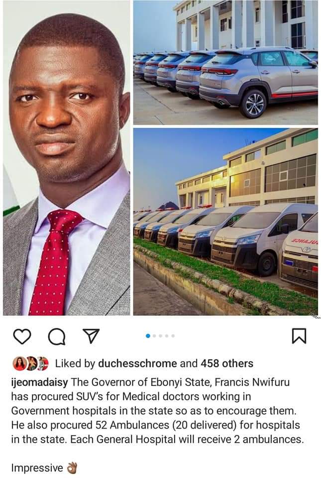 Gov. Nwifuru Buys SUVs For All Doctors In Ebonyi General Hospitals ...